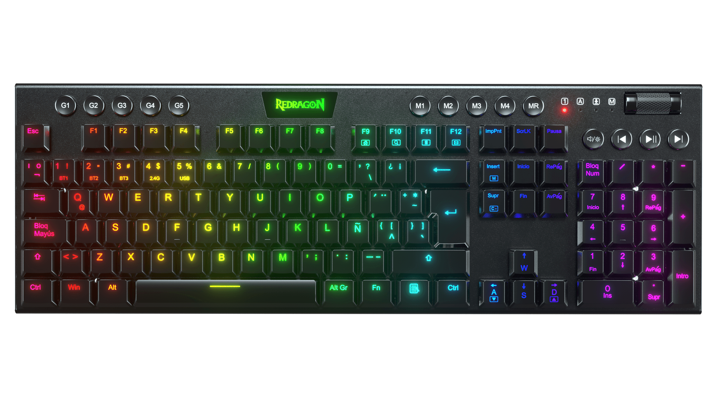 TECLADO Redragon K618-RGB-SP B - Alámbrico e Inalámbrico, Español, Negro, Multicolor