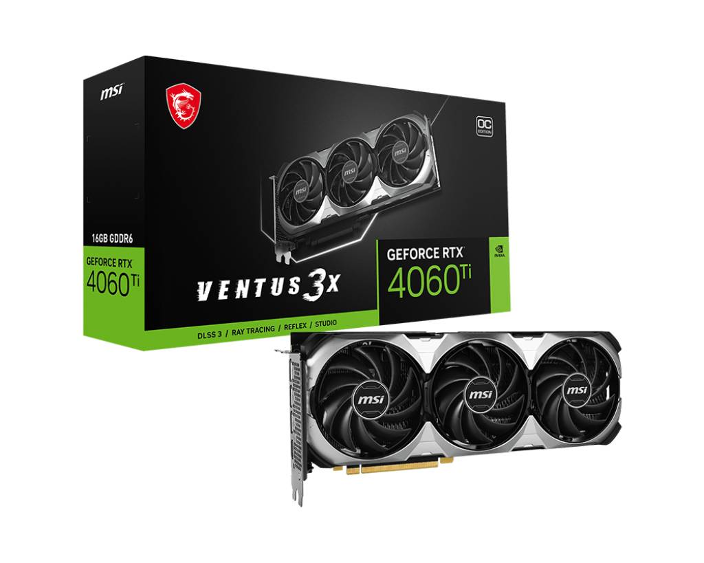 Tarjeta de Video MSI RTX 4060 Ti VENTUS 3X 16G OC - 16GB GDDR6, 4352 CUDAS, 2640Mhz de Frecuencia(2655MHz con Extreme Performance)