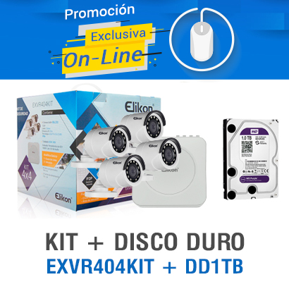 KIT 4X4 ELIKON AHD EXVR404KIT INCLUYE DVR 4 CANALES +4 CAMARAS BULLET 3.6MM + 4 CABLES 18MTS + DISCO DURO DE 1TB
