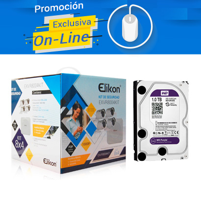 KIT 8X4 ELIKON AHD EXVR8004KIT DVR 8CH+4 CAM BULLET 3.6MM+CA + DD DISCO DURO 1 TB SATA WD PURPLE WD10PURX/Z VIDEOVIGILANCIA