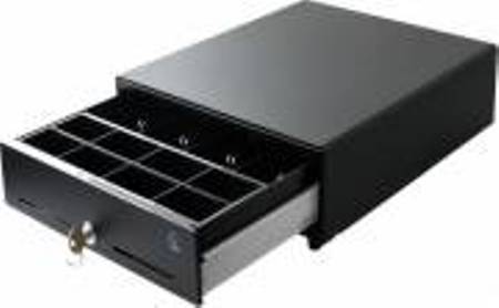 CAJON JUNIOR activable desde miniprinter EC, STAR, EPSON .mide 13.8 x 15.9 x 3.5. Compartimientos 4 billetes, 8 monedas, con cerradura, COLOR NEGRO, SUGETADORES DE BILLETES METALICOS