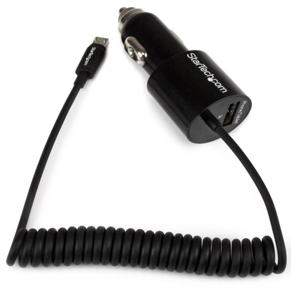 Cargador USB de 2 Puertos para Coche con Cable Micro USB y puerto USB - Negro