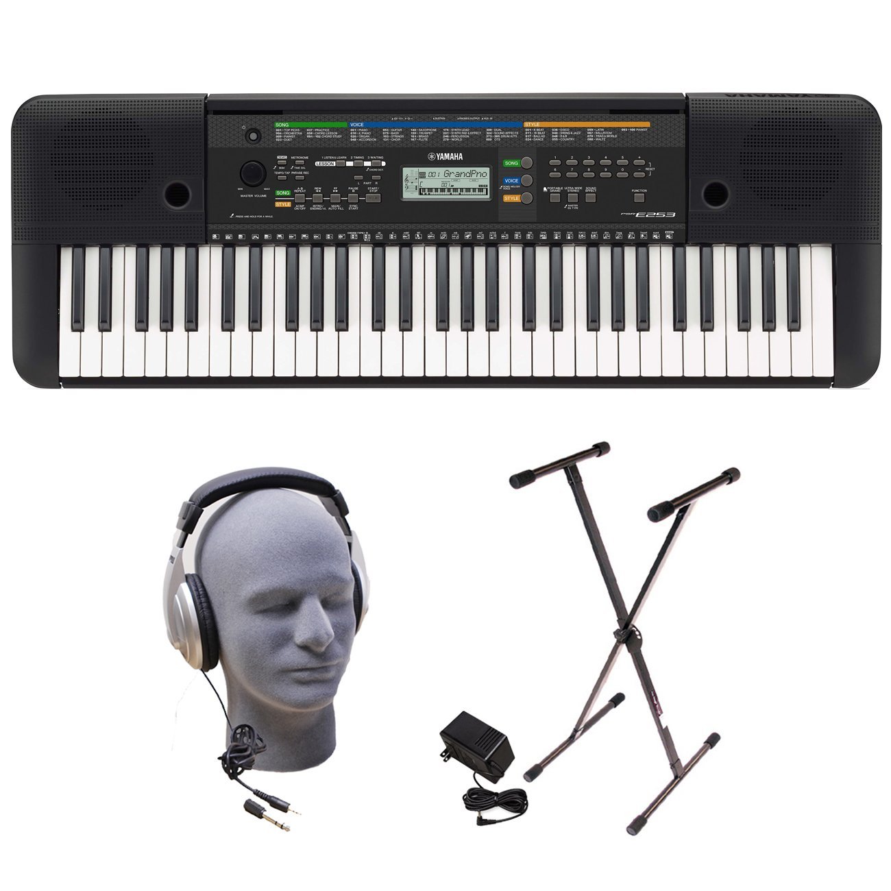 Yamaha PSRE253 Portable Keyboard with Headphones, Power Supply, and X-Style Stand